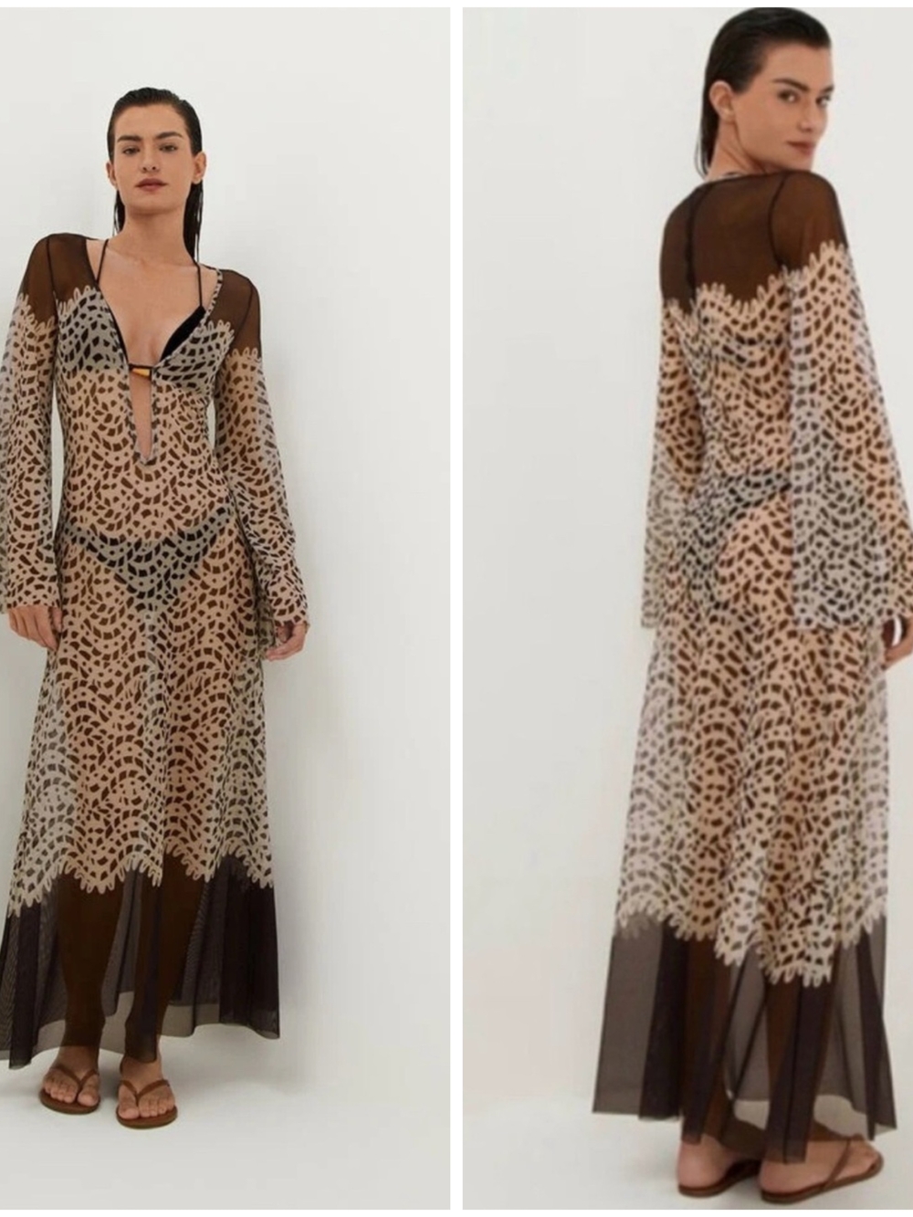 Caroline Constas Sheer Print Mesh Swim Coverup in Brown And Tan, NWT